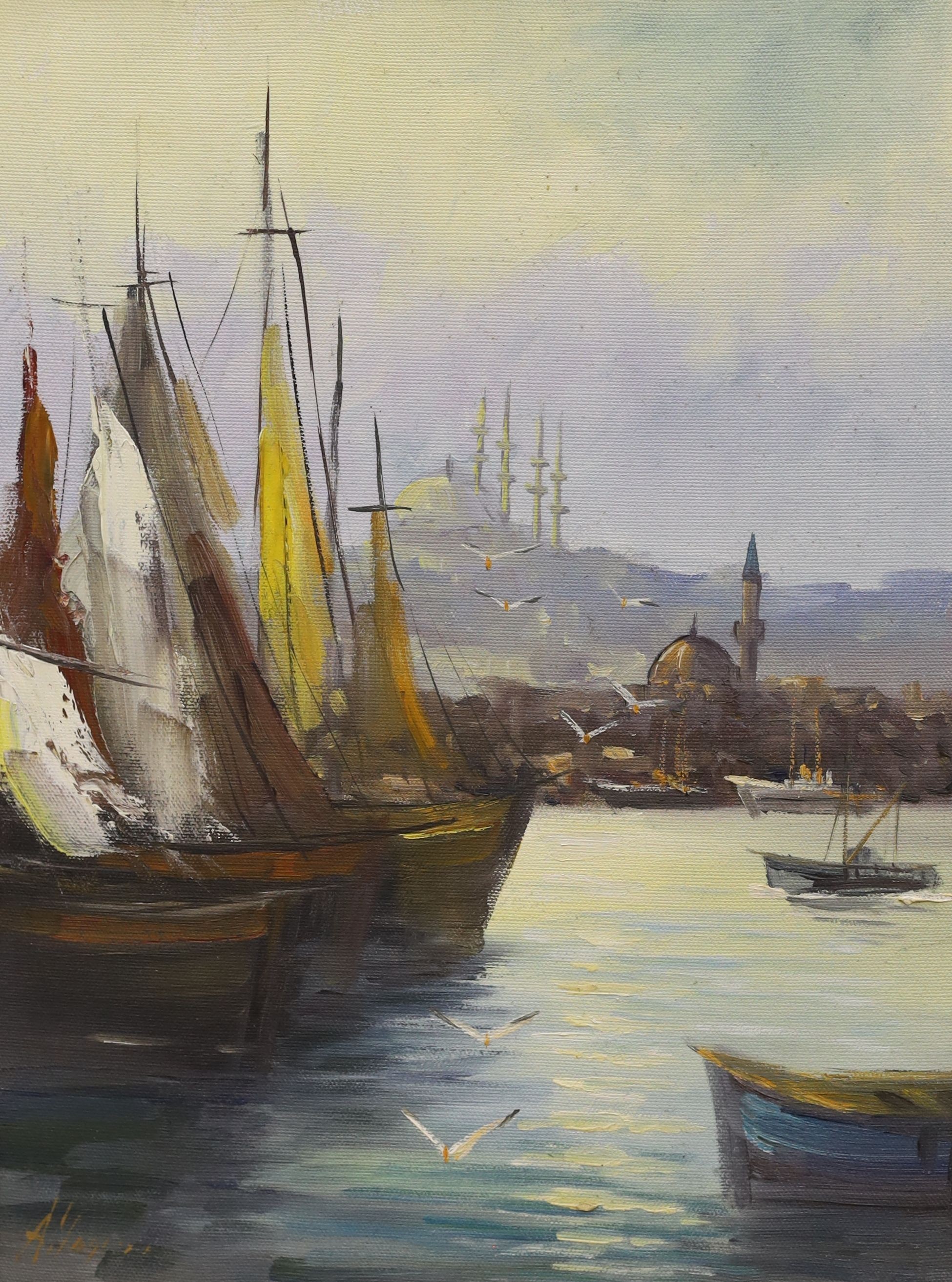 Turkish School, oil on canvas, Istanbul Harbour, indistinctly signed, 38 x 29cm